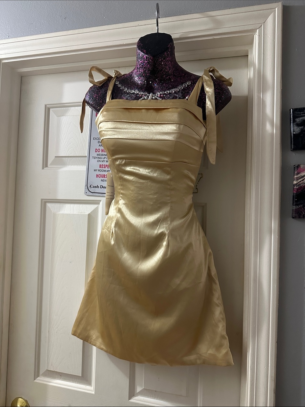 Satin Tie-Shoulder Mini Dress in Gold